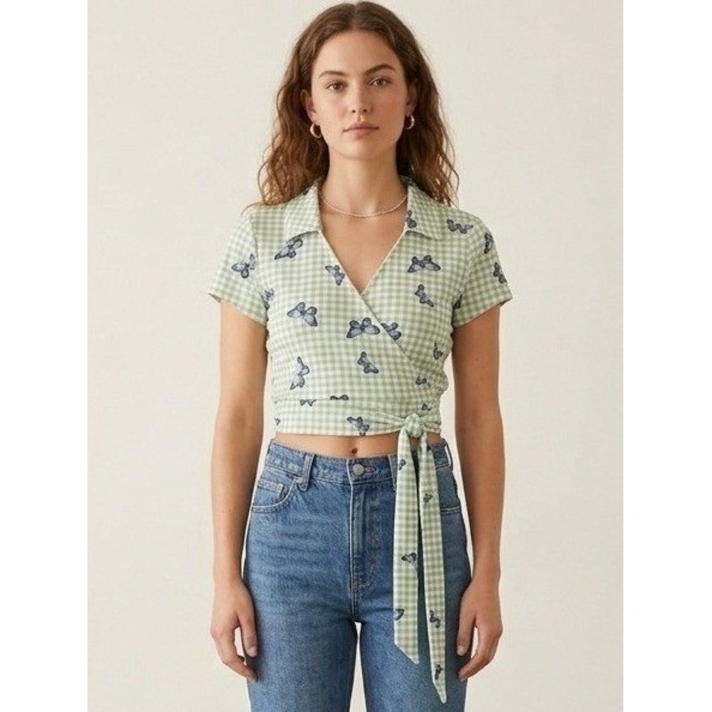 No Comment NY-LA Crop Top Womens Size XL Butterfly Print Front Tie Stretch NWT
